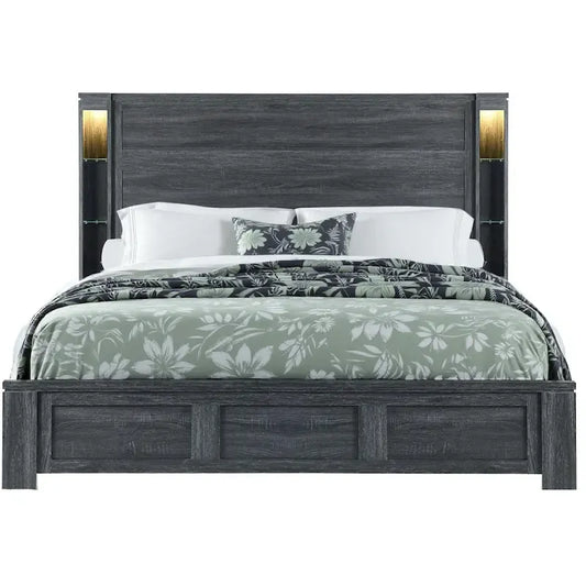 HomeRoots Dark Gray Distressed Wood Lighted King Bed Frame