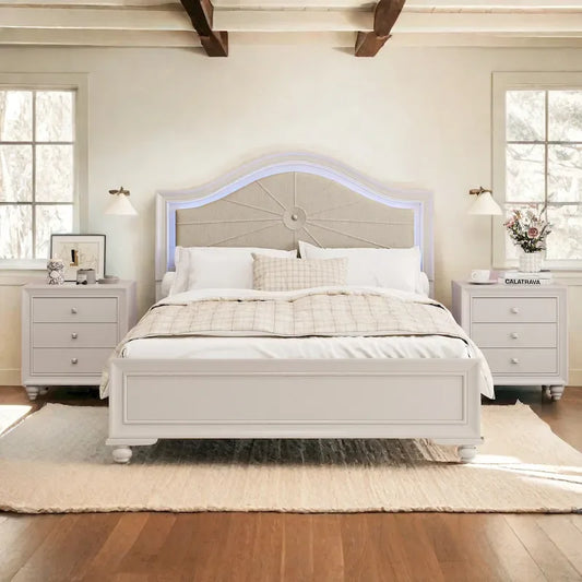 Queen LED Light Upholstered Platform Bed with Adjustable Lighting