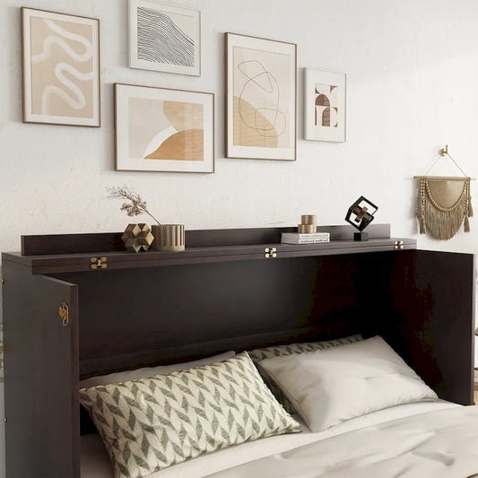 Folding Murphy Bed Pine Wood Cabinet Bed Queen Size Cube Cabinet Bed with Power Station, Drawer and Rattan Decoration Panel