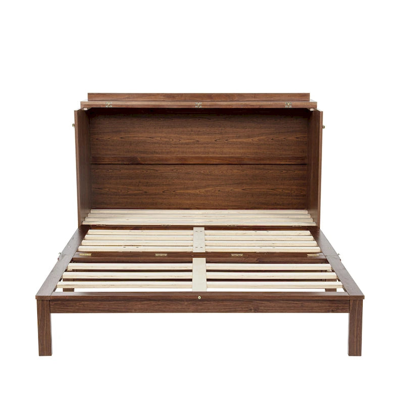 Folding Murphy Bed Pine Wood Cabinet Bed Queen Size Cube Cabinet Bed with Power Station, Drawer and Rattan Decoration Panel