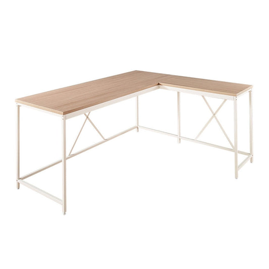 Posy Corner Desk, L Shaped White Metal Frame, X Crossed, Oak Brown Wood Top