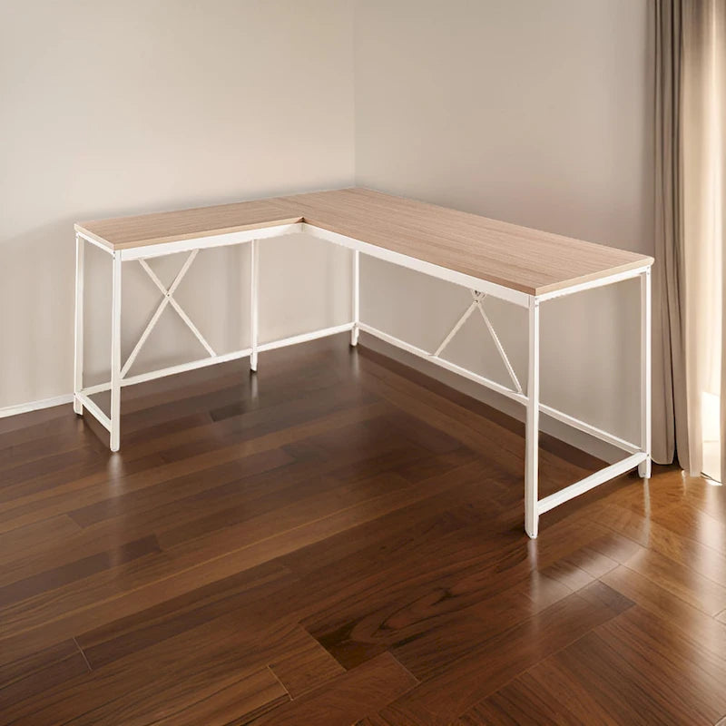 Posy Corner Desk, L Shaped White Metal Frame, X Crossed, Oak Brown Wood Top