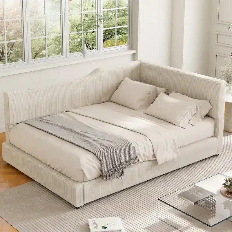 Full Size L-Shaped Daybed with Solid Frame, 500LBS Weight Capacity
