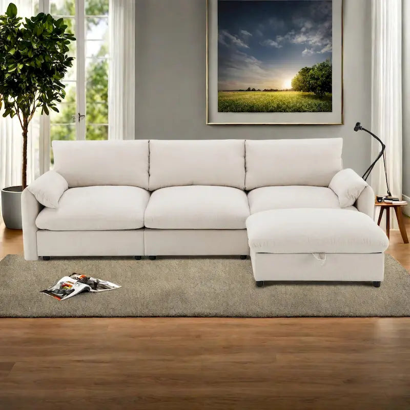 96.5 Chenille L-Shaped Sectional Sofa with Storage Ottoman, Adjustable Phone Holder, USB Charger and Armrest Storage Pockets