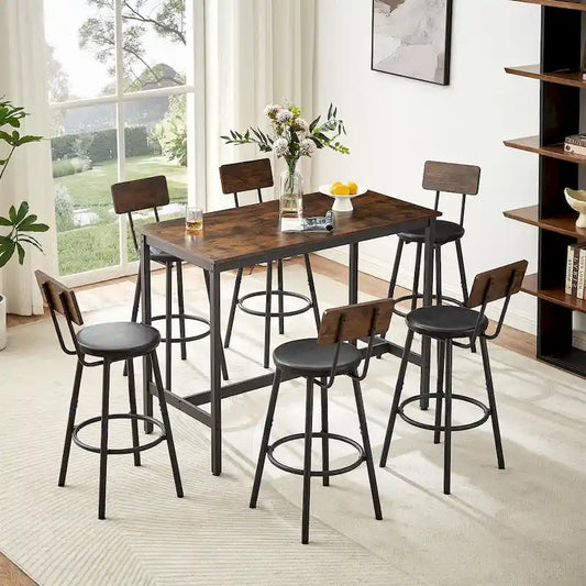 Rustic Style 7-Piece Dining Set with Rectangular Table and PU Leather Bar Chairs