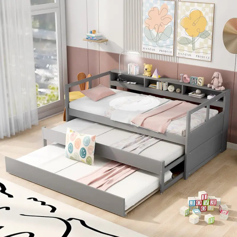 Twin XL Wood Daybed with 2 Trundles and USB Charging Design
