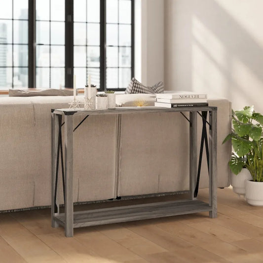 2-Tier Console Table with Metal Side Braces and Corner Caps