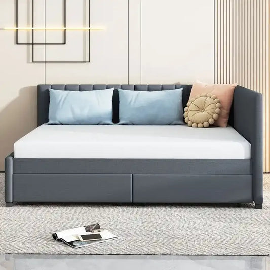 Full Size Linen Upholstered Daybed with 2 Storage Drawers, Sofa Bed