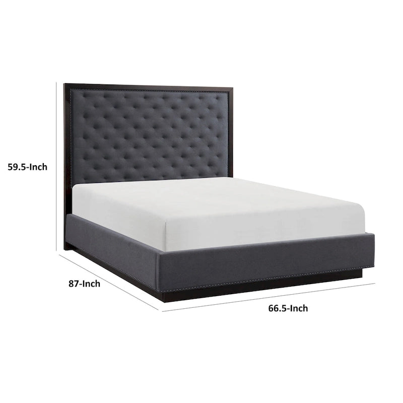 Tey Queen Size Bed with Button Tufted Headboard, Gray Fabric, Ash Veneer