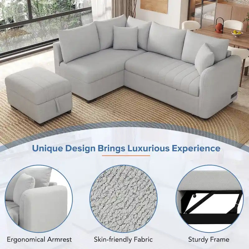 MERAX L-shaped Sectional Pull Out Sleeper Sofa with Storage Ottoman