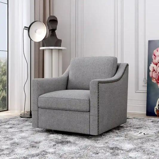 360 Degree Swivel Armchair Cotton linen fabric Ergonomic design Brass nail decorative armchair Living room chairs Black legs