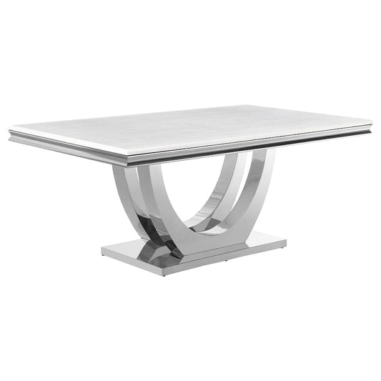 71 Inch Dining Table, Rectangular White Faux Marble Top, Pedestal Base