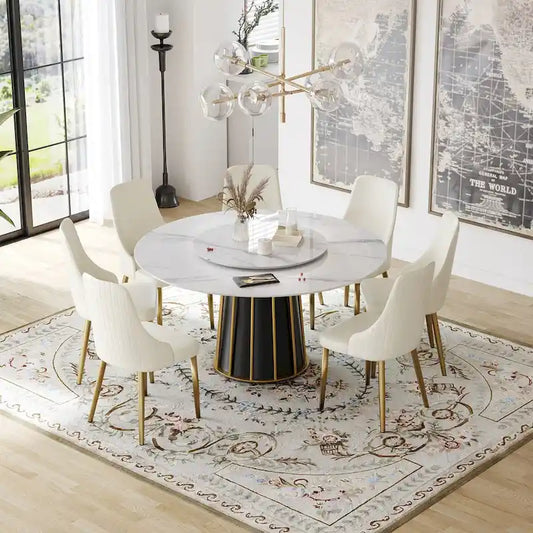 59 White Round Dining Table with Lazy Susan, Sintered Stone Tabletop - N/A