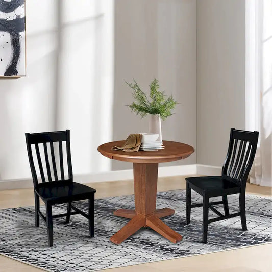 30 in Round Top Pedestal Dining Table with 2 Dining Chairs in Distressed Oak/Black