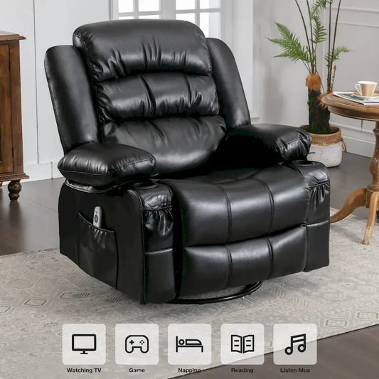 PU Swivel Rocker Massage Recliner Chair with USB Charge Port, 2 Cup Holders and Side Pocket