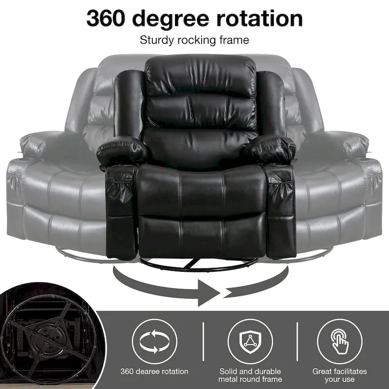 PU Swivel Rocker Massage Recliner Chair with USB Charge Port, 2 Cup Holders and Side Pocket