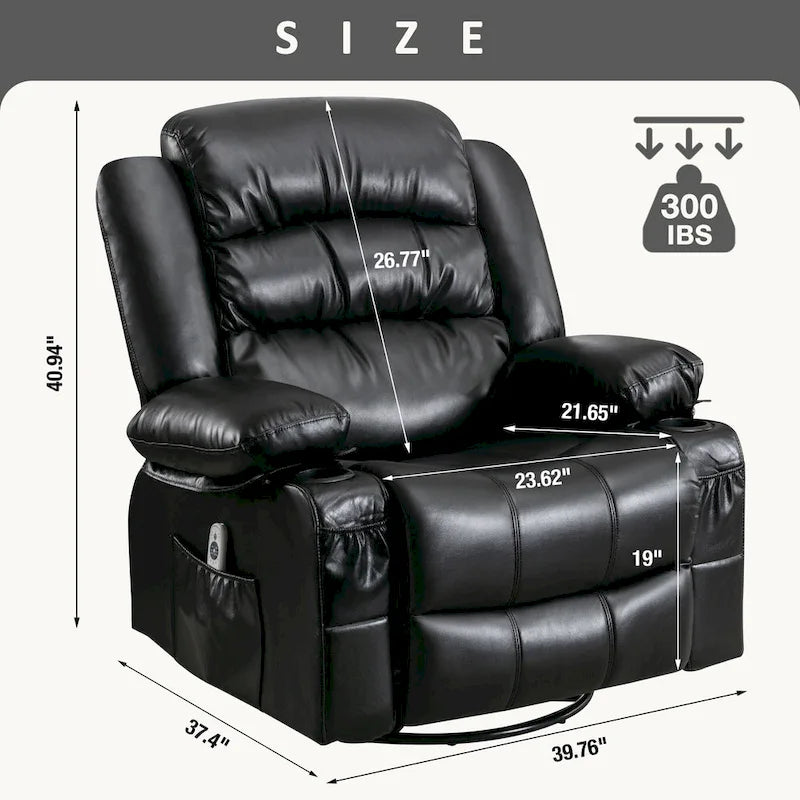 PU Swivel Rocker Massage Recliner Chair with USB Charge Port, 2 Cup Holders and Side Pocket