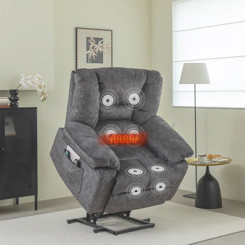 Oversized Velvet Power Lift Recliner with Massage, Heating, Pockets