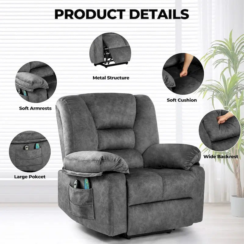Oversized Velvet Power Lift Recliner with Massage, Heating, Pockets