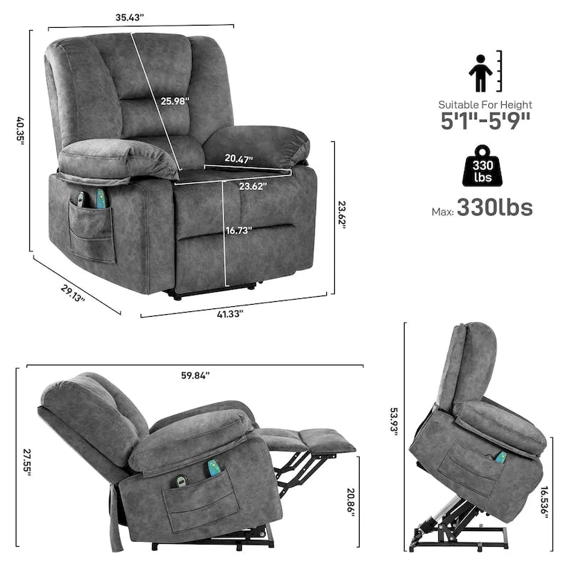 Oversized Velvet Power Lift Recliner with Massage, Heating, Pockets