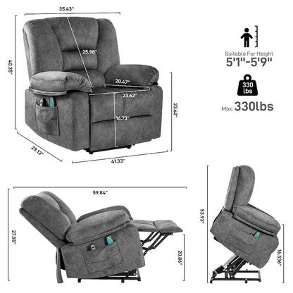 Oversized Velvet Power Lift Recliner with Massage, Heating, Pockets