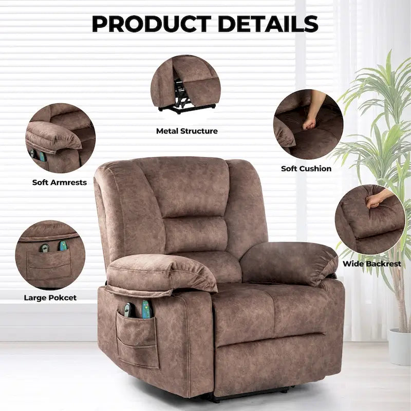 Oversized Velvet Power Lift Recliner with Massage, Heating, Pockets