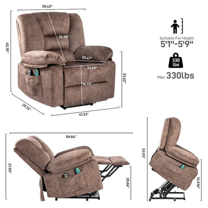 Oversized Velvet Power Lift Recliner with Massage, Heating, Pockets