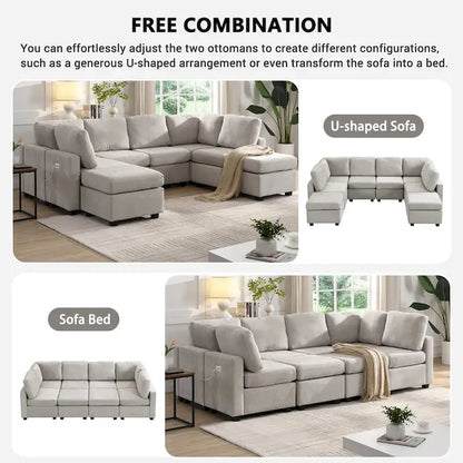 103 Sectional Sofa Couch Sofa Bed U-shaped Sofa with Two Movable Ottoman and Three USB Ports