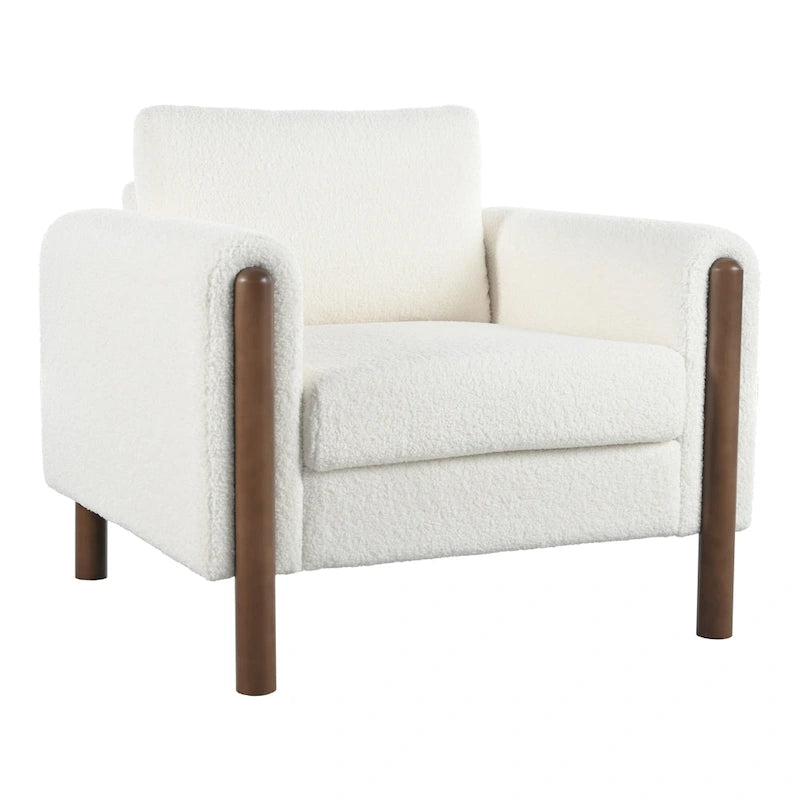 White 33.5 Upholstered Accent Chair with Walnut Legs and Curved Handrail