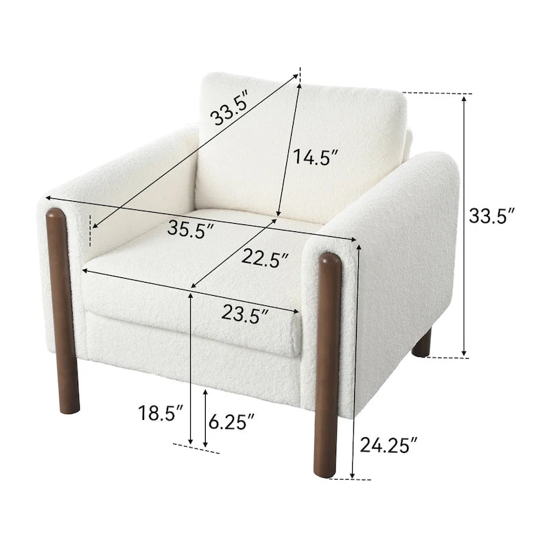 White 33.5 Upholstered Accent Chair with Walnut Legs and Curved Handrail