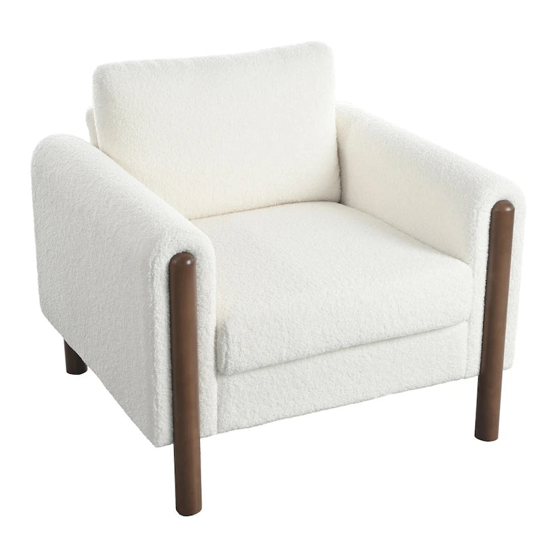 White 33.5 Upholstered Accent Chair with Walnut Legs and Curved Handrail