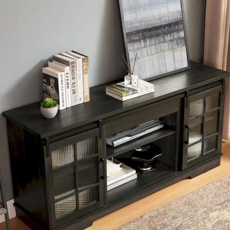 Multipurpose Sliding Door TV Stand Large Storage Cabinet with 2 Sliding Fluted Glass Tempered Doors, TV Up to 65