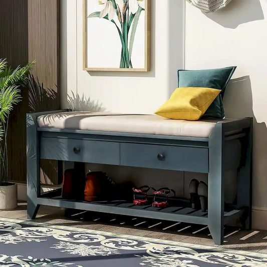 39 Farmhouse Versatile Entry Upholstered Storage Bench with 2 Drawers and 1 Shoe Rack
