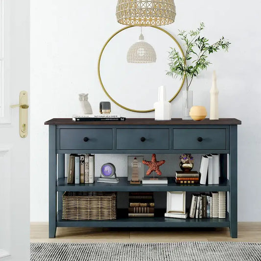 Retro Design Console Table with Two Open Shelves, Pine Solid Wood Frame and Legs for Living Room