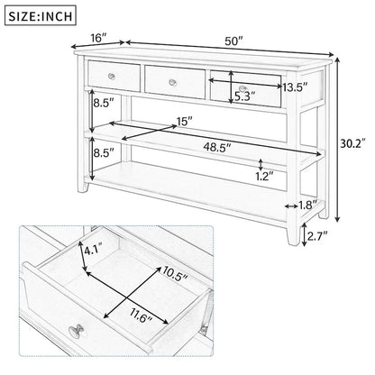 Retro Design Console Table with Two Open Shelves, Pine Solid Wood Frame and Legs for Living Room