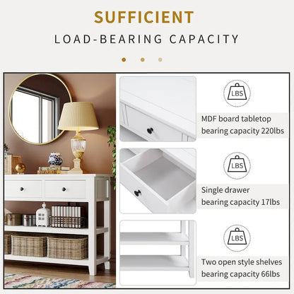 Retro Design Console Table with Two Open Shelves, Pine Solid Wood Frame and Legs for Living Room