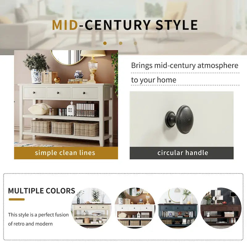 Retro Design Console Table with Two Open Shelves, Pine Solid Wood Frame and Legs for Living Room