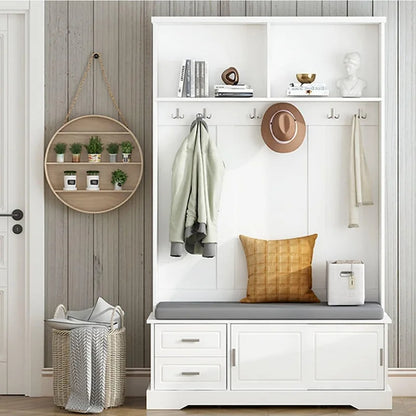 Hall Tree with Sliding Door Bench Cushion Silver Handle Storage Cabinet