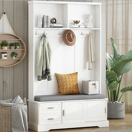 Hall Tree with Sliding Door Bench Cushion Silver Handle Storage Cabinet
