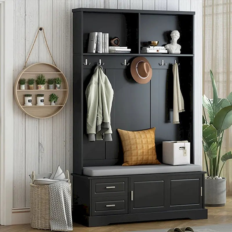 Hall Tree with Sliding Door Bench Cushion Silver Handle Storage Cabinet