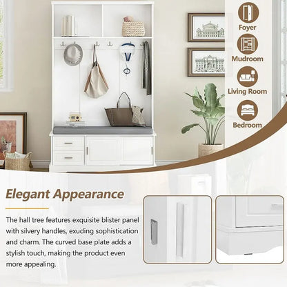 Hall Tree with Sliding Door Bench Cushion Silver Handle Storage Cabinet