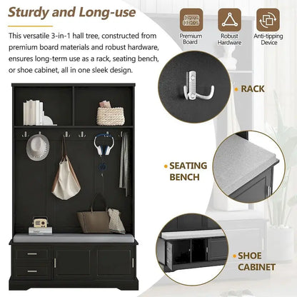 Hall Tree with Sliding Door Bench Cushion Silver Handle Storage Cabinet