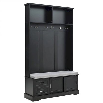 Hall Tree with Sliding Door Bench Cushion Silver Handle Storage Cabinet