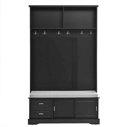 Hall Tree with Sliding Door Bench Cushion Silver Handle Storage Cabinet