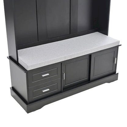 Hall Tree with Sliding Door Bench Cushion Silver Handle Storage Cabinet