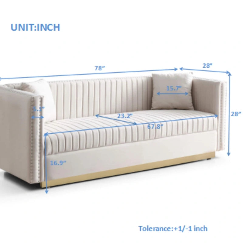 Contemporary Vertical Channel Tufted Velvet Sofa Modern Upholstered Couch for Living Room Apartment with 2 pillows