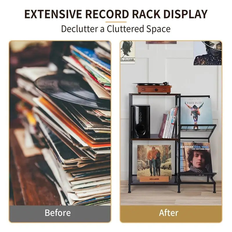 Record Player Table with Vinyl Record Storage - 27.5 x 11.8 x 32.5 inches