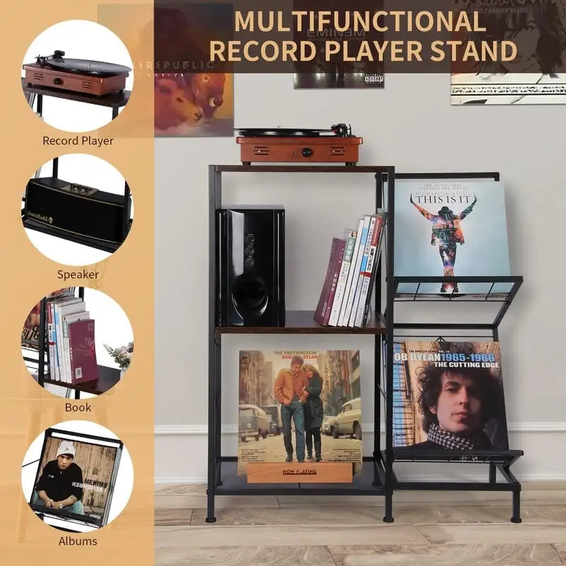 Record Player Table with Vinyl Record Storage - 27.5 x 11.8 x 32.5 inches