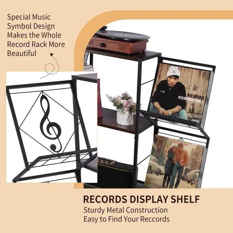 Record Player Table with Vinyl Record Storage - 27.5 x 11.8 x 32.5 inches