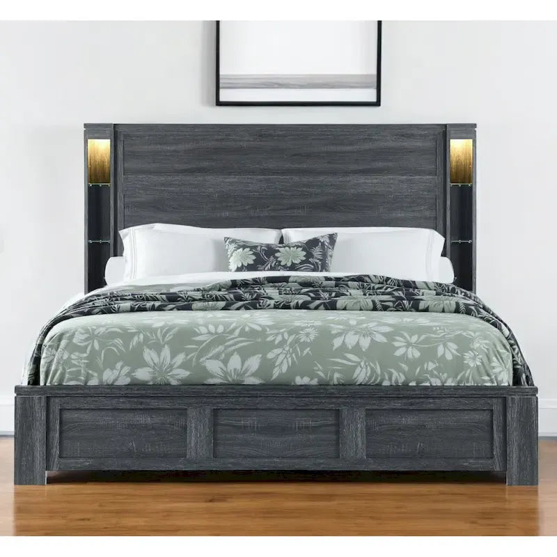 HomeRoots Dark Gray Distressed Wood Lighted King Bed Frame